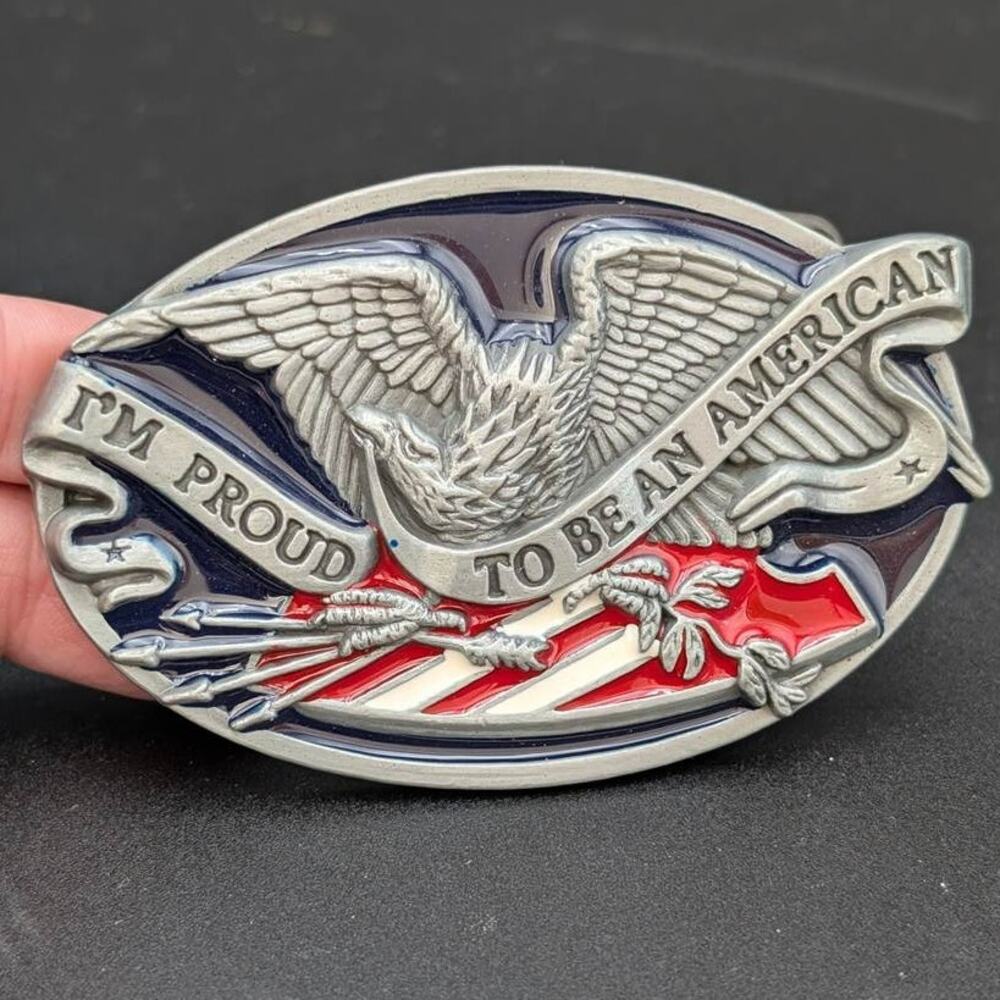 Patriotic Belt Buckle Metal Enamel Eagle American Flag Cast Silver Toned USA